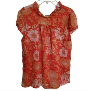 New Joie Orange Gold Floral Flutter Sleeveless Keyhole Blouse Size Medium